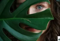 photo wanita dengan daun monstera